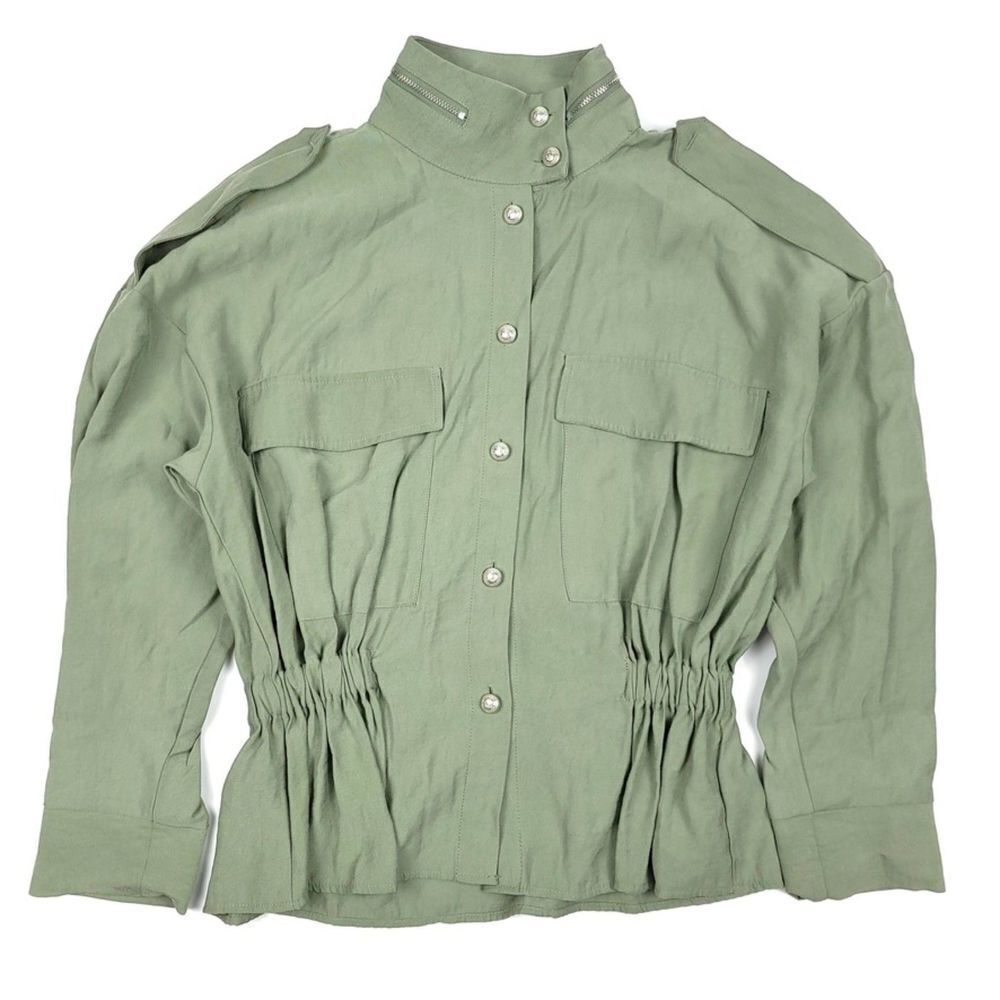 NEW Zara Button Front Military Utility Jacket with Gathered Waist Sage Army XS